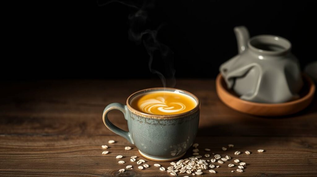 Warm golden elixir in a ceramic mug on a calm New Year morning