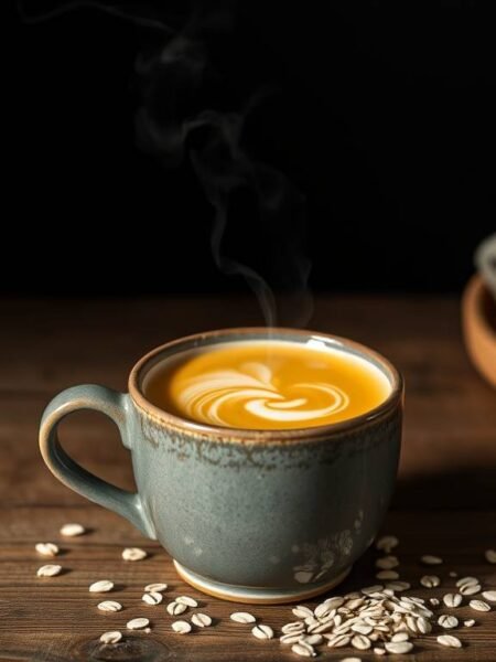 Warm golden elixir in a ceramic mug on a calm New Year morning