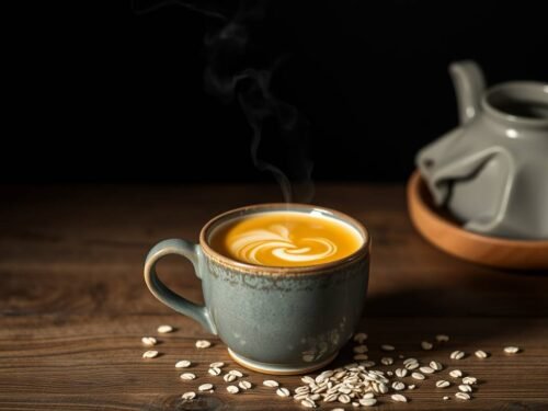 Warm golden elixir in a ceramic mug on a calm New Year morning