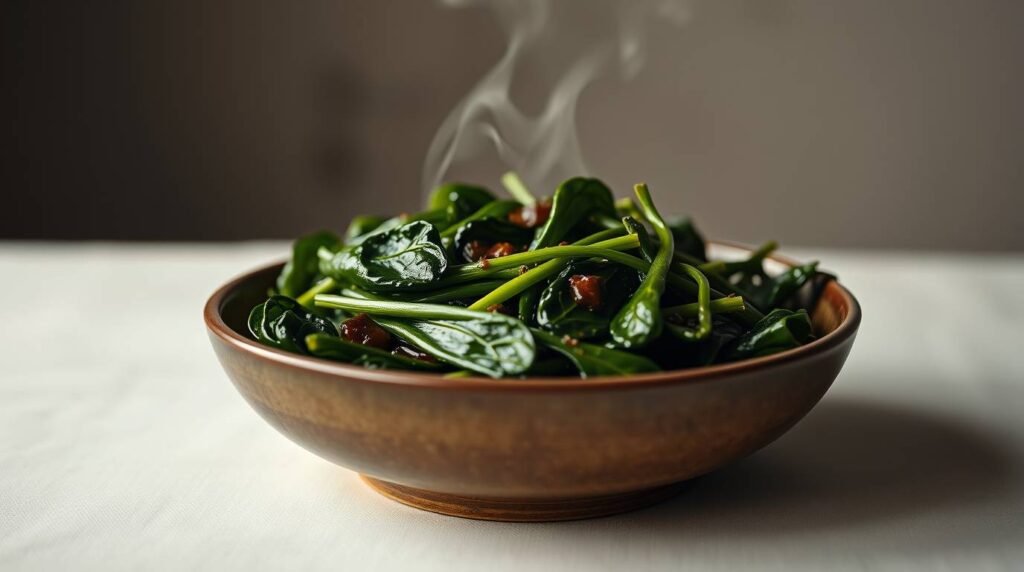 Okinawan glazed spinach with orange miso glaze in a ceramic bowl