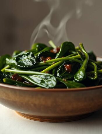 Okinawan glazed spinach with orange miso glaze in a ceramic bowl