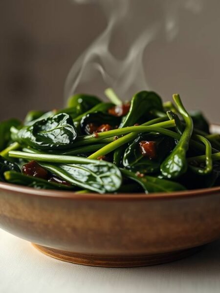 Okinawan glazed spinach with orange miso glaze in a ceramic bowl