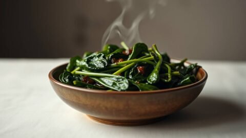 Okinawan glazed spinach with orange miso glaze in a ceramic bowl