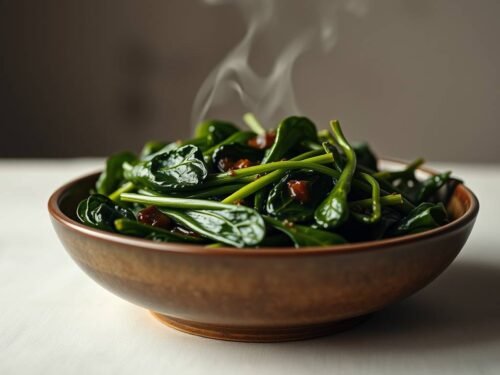 Okinawan glazed spinach with orange miso glaze in a ceramic bowl