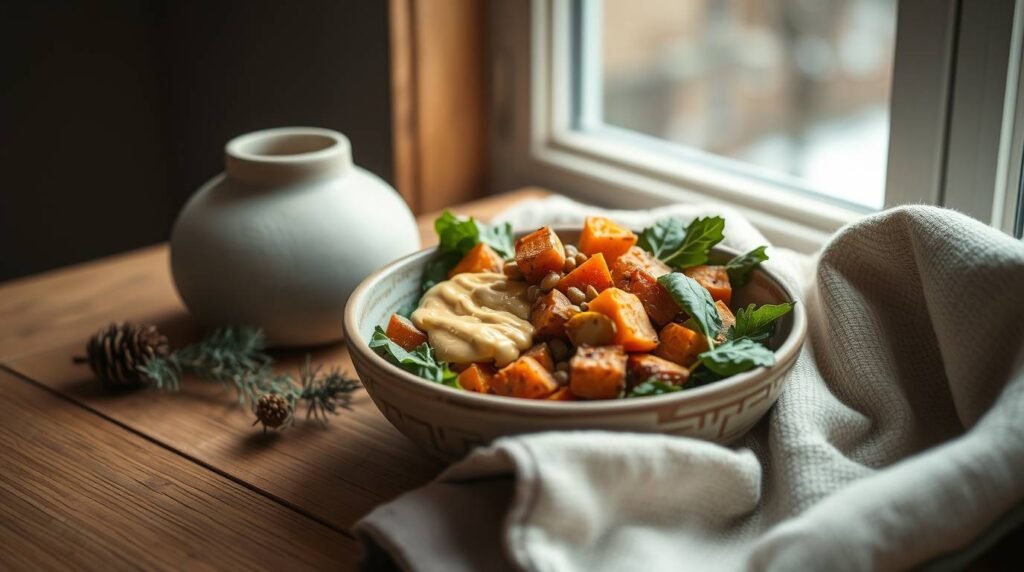 Warm winter salad with sweet potatoes, lentils, and golden adaptogen dressing