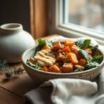 Warm winter salad with sweet potatoes, lentils, and golden adaptogen dressing