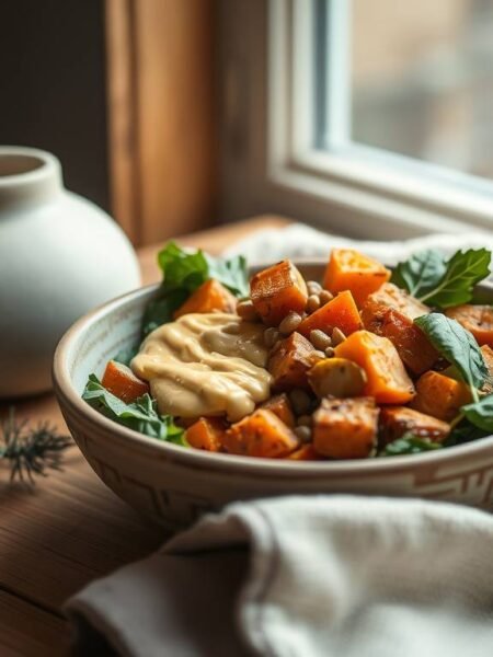 Warm winter salad with sweet potatoes, lentils, and golden adaptogen dressing