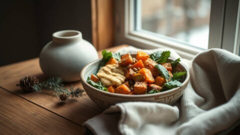 Warm winter salad with sweet potatoes, lentils, and golden adaptogen dressing
