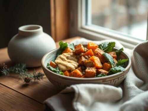 Warm winter salad with sweet potatoes, lentils, and golden adaptogen dressing