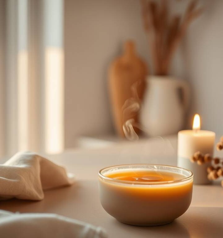Warm ritual scene with golden milk, candlelight, and winter sunlight symbolizing seasonal transition.