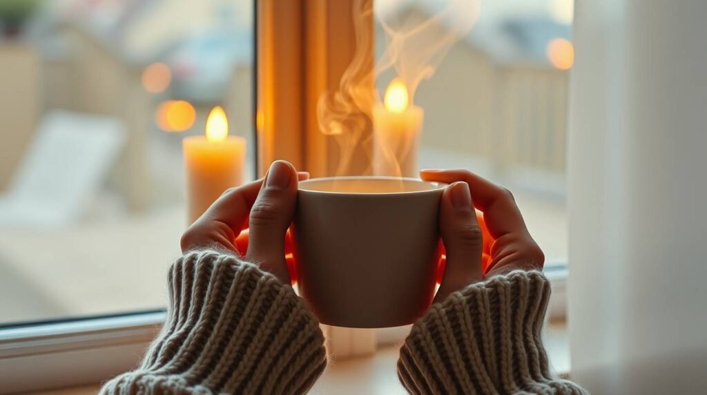 Person holding warm cup near window at sunrise, symbolizing slow movement and circulation.