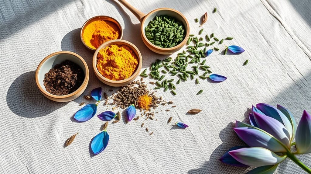 Adaptogenic powders and herbs arranged in a calm ritual composition.