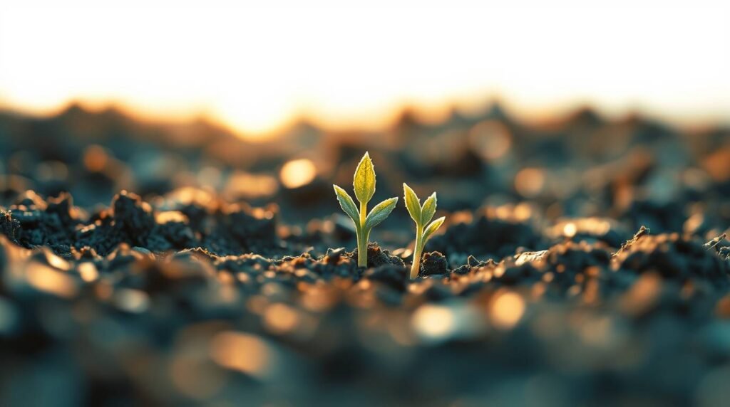 Early spring shoots emerging through soil in soft morning light.