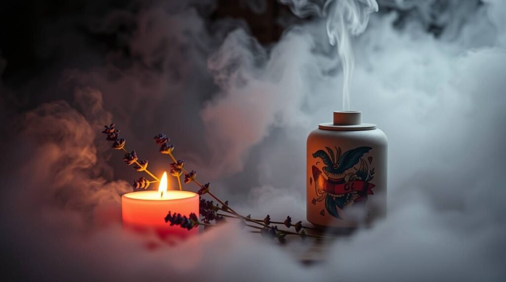 Candle, diffuser, and soft evening light creating a calming ritual space.