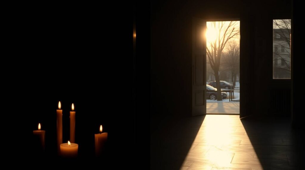 Soft sunrise through window with quiet interior representing circadian rhythm reset.