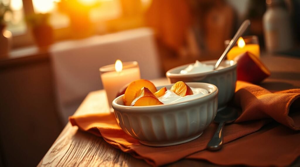 Warm sacral-chakra inspired relationship moment with peach and yogurt in a candlelit kitchen