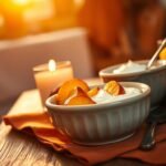 Warm sacral-chakra inspired relationship moment with peach and yogurt in a candlelit kitchen