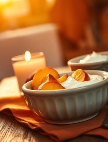 Warm sacral-chakra inspired relationship moment with peach and yogurt in a candlelit kitchen