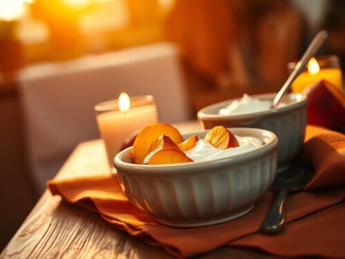 Warm sacral-chakra inspired relationship moment with peach and yogurt in a candlelit kitchen
