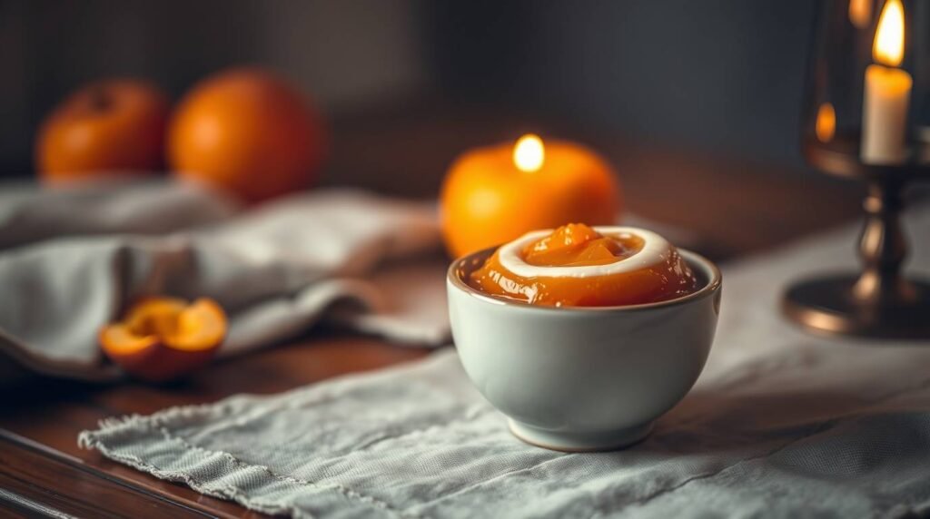 Warm orange dessert in a cozy candlelit setting