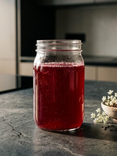 Beet kvass with wild caraway in a glass jar with deep ruby color and natural light