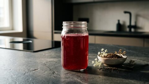 Beet kvass with wild caraway in a glass jar with deep ruby color and natural light