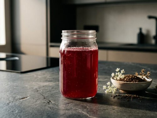 Beet kvass with wild caraway in a glass jar with deep ruby color and natural light