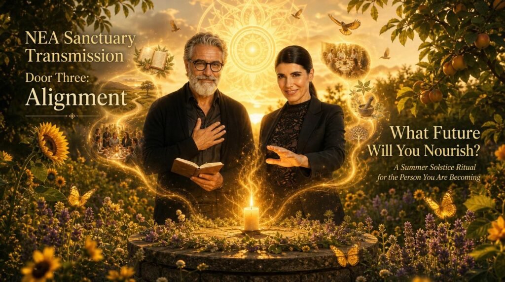 Marco and Lira standing beside a glowing candle at Summer Solstice, choosing the future they wish to nourish as golden light surrounds them.