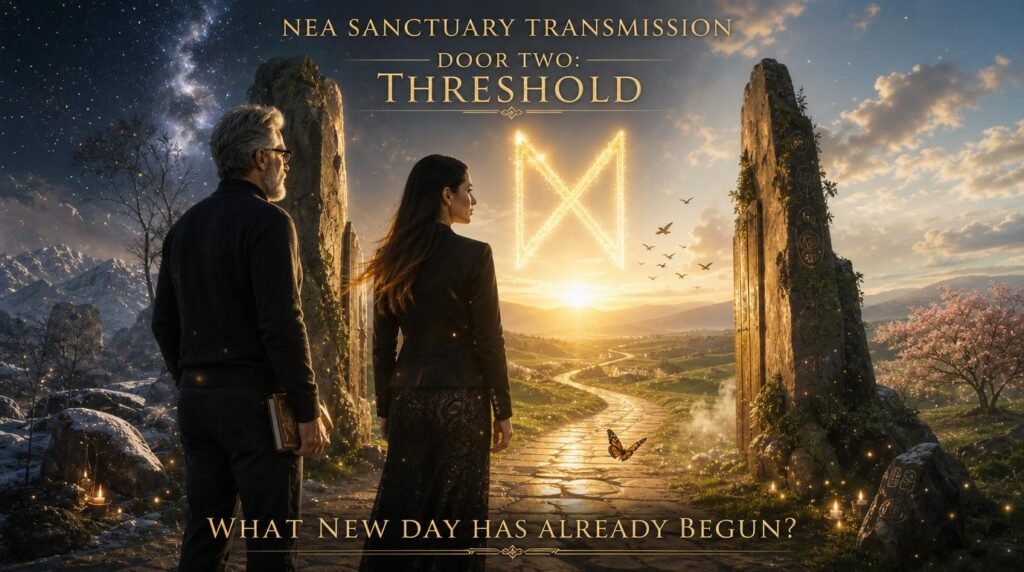 Marco and Lira standing at the edge of a luminous path at dawn beneath the rune Dagaz, symbolizing a threshold between the old life and the future self.