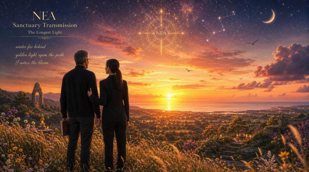 Marco and Lira standing together beneath the Summer Solstice sunset as golden light fills the horizon, symbolizing transformation, gratitude, and the journey toward the future self.