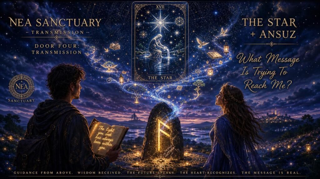 The Star tarot card and Ansuz rune glowing beneath a starlit sky as Marco and Lira receive guidance from the future during a Summer Solstice ritual.