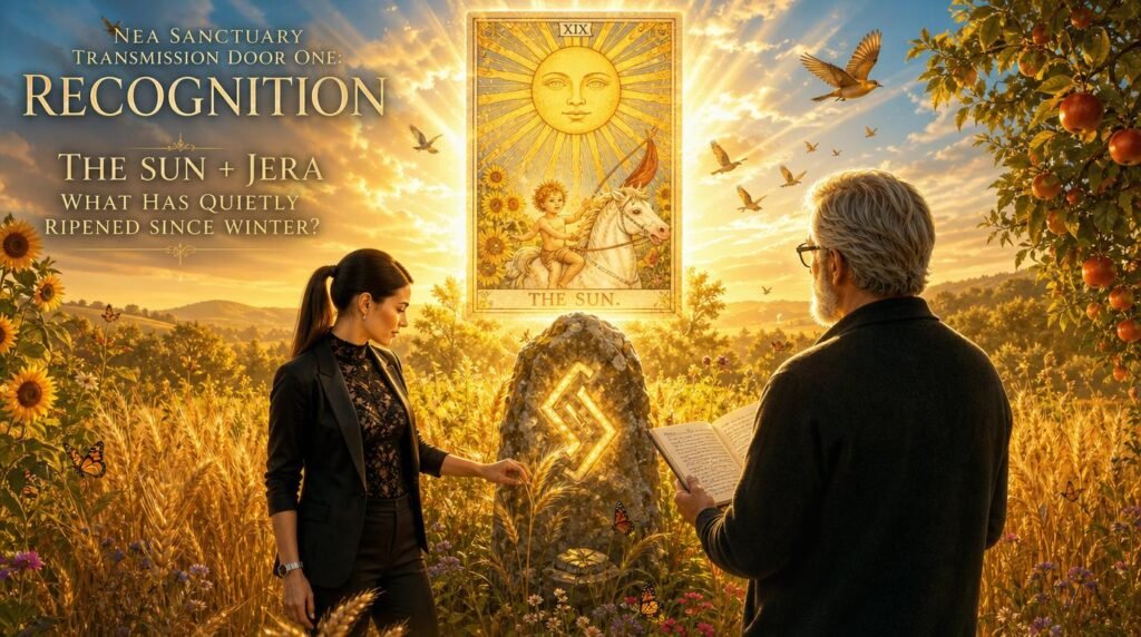 The Sun tarot card and Jera rune glowing above a golden summer field, symbolizing harvest, gratitude, personal growth, and recognition of what has matured since winter.