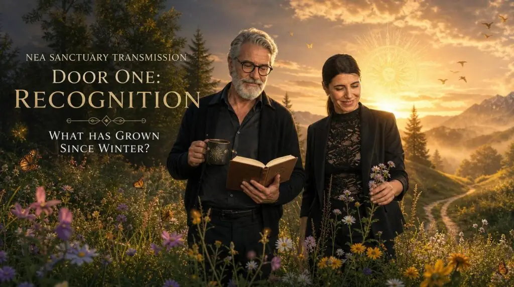 Couple reading a book in a flower-filled meadow at sunset, with butterflies and mountains in the background, warm golden light.