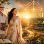 Two adults in light robes stand in a sunlit meadow at sunset, with a glowing celestial circle and the title 'NEA: The Longest Light' in the sky.