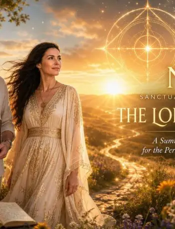Two adults in light robes stand in a sunlit meadow at sunset, with a glowing celestial circle and the title 'NEA: The Longest Light' in the sky.