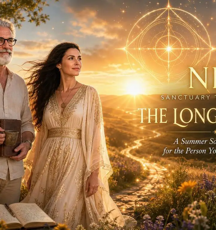 Two adults in light robes stand in a sunlit meadow at sunset, with a glowing celestial circle and the title 'NEA: The Longest Light' in the sky.