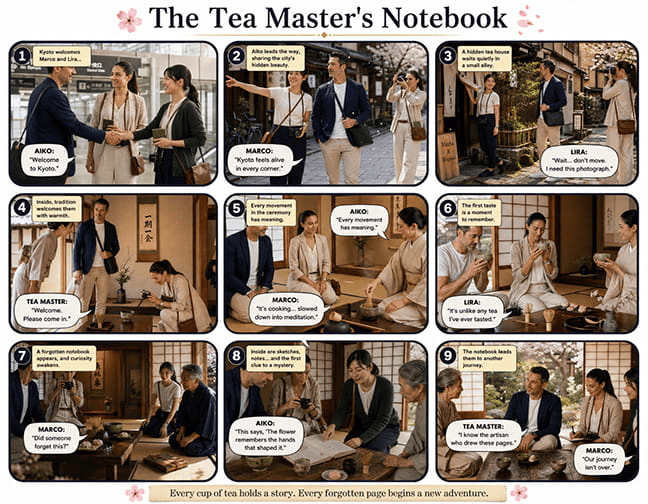 Marco and Lira arrive in Kyoto for a traditional Japanese tea ceremony, where a hidden notebook begins a cozy culinary mystery filled with tea, friendship, and discovery.
