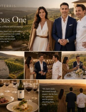 Marco and Lira visiting Opus One Winery in Napa Valley, enjoying wine tasting, gourmet cuisine, and a peaceful sunset in this Esoterris Story.