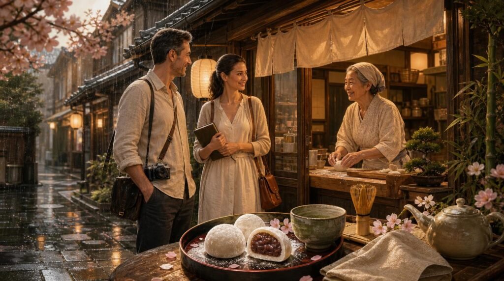 Marco and Lira discover a hidden traditional mochi shop in Kyoto, where an elderly artisan prepares fresh handmade daifuku beside matcha tea on a peaceful rainy afternoon.