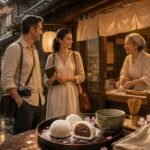 Marco and Lira discover a hidden traditional mochi shop in Kyoto, where an elderly artisan prepares fresh handmade daifuku beside matcha tea on a peaceful rainy afternoon.