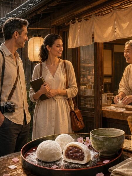 Marco and Lira discover a hidden traditional mochi shop in Kyoto, where an elderly artisan prepares fresh handmade daifuku beside matcha tea on a peaceful rainy afternoon.