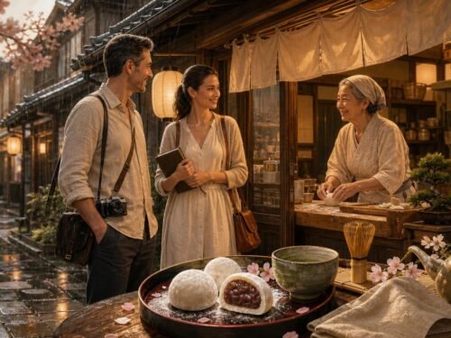 Marco and Lira discover a hidden traditional mochi shop in Kyoto, where an elderly artisan prepares fresh handmade daifuku beside matcha tea on a peaceful rainy afternoon.
