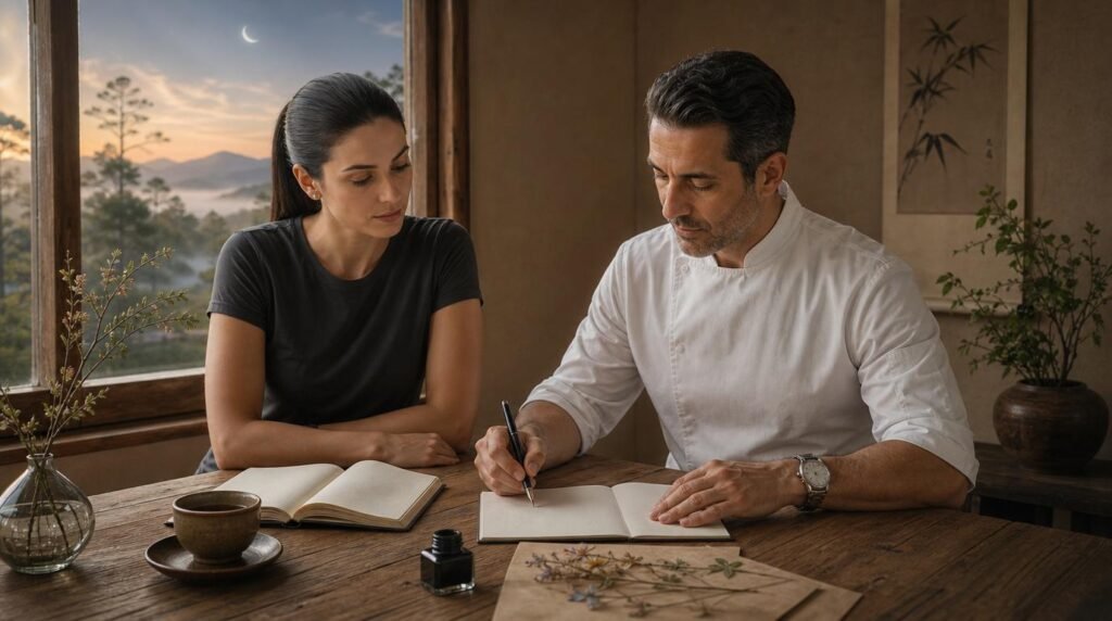 Marco writing a haiku while Lira reflects beside him during a peaceful morning.