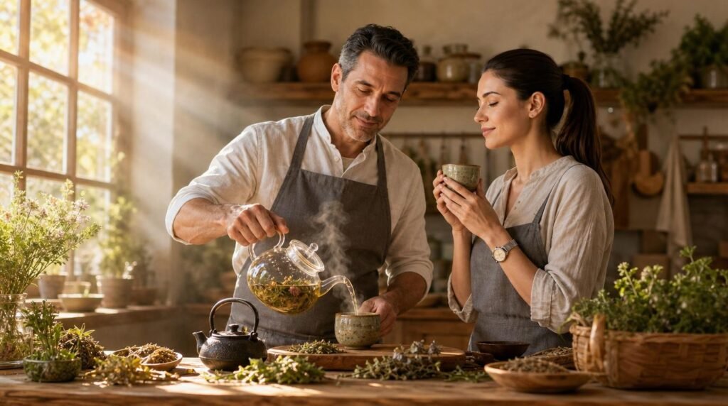 Marco pouring herbal tea while Lira enjoys its calming aroma during a morning ritual.
