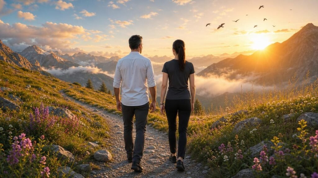 Marco and Lira walking toward the sunrise after completing a peaceful new moon ritual.