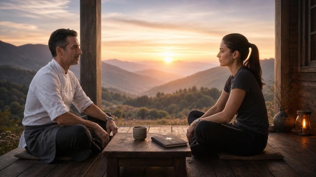 Marco and Lira welcoming the new moon at dawn with tea and quiet reflection.