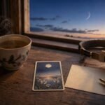 A steaming cup of herbal tea, a single tarot card, a handwritten haiku, and headphones on a wooden table at dawn beneath the quiet new moon.
