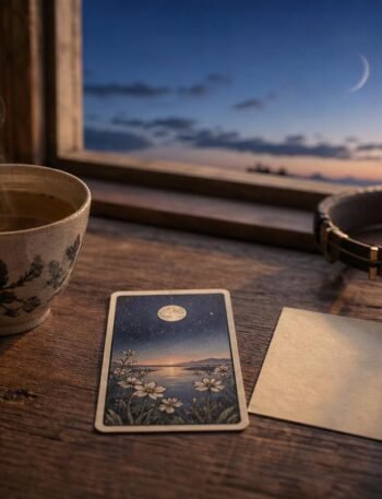 A steaming cup of herbal tea, a single tarot card, a handwritten haiku, and headphones on a wooden table at dawn beneath the quiet new moon.