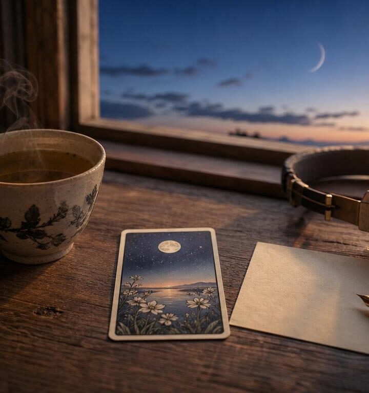 A steaming cup of herbal tea, a single tarot card, a handwritten haiku, and headphones on a wooden table at dawn beneath the quiet new moon.