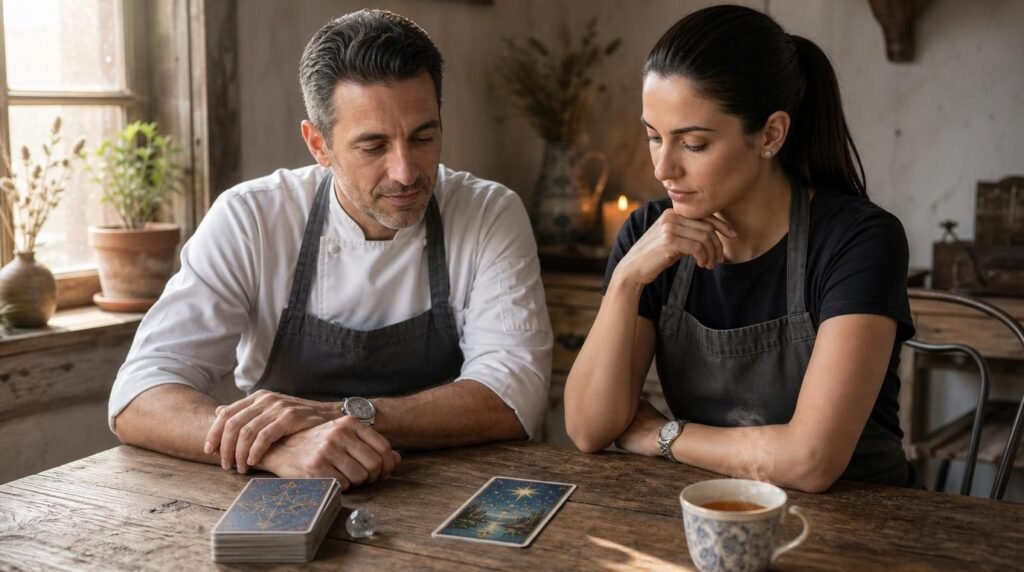 Marco and Lira reflecting on a single tarot card during a quiet morning ritual.